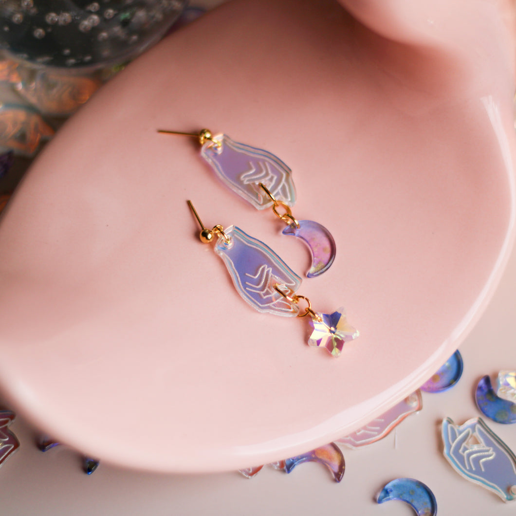 Mystical hands acrylic drop earrings