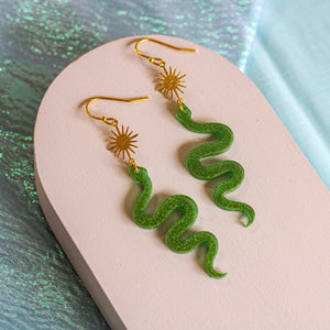 Green resin snake drop earring